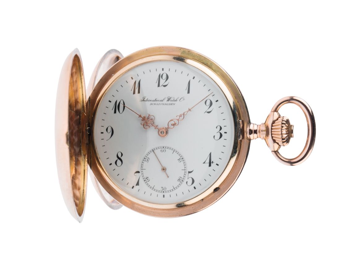 IWC Taschenuhr Savonette kleine Sekunde 14kt Roségold Handaufzug 50mm Vintage Bj.1908 mit Stammbuchauszug wie Neu mit Zertifikat über 6.800,-€
