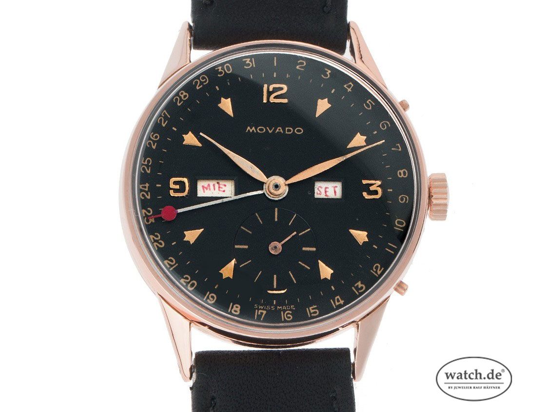 Movado Triple Calendar 18kt Roségold Handaufzug Armband Leder 31mm Ref.R4776 Vintage Bj.1950 orig.Movado Box mit Zertifikat über 14.500,-€