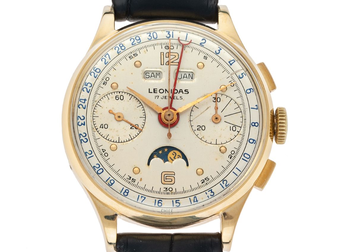 Leonidas Triple Calender Vollkalender Mondphase 18kt Gelbgold Handaufzug Venus 200 Armband Leder 35mm Vintage Bj.1960 mit Zertifikat über 7.500,-€