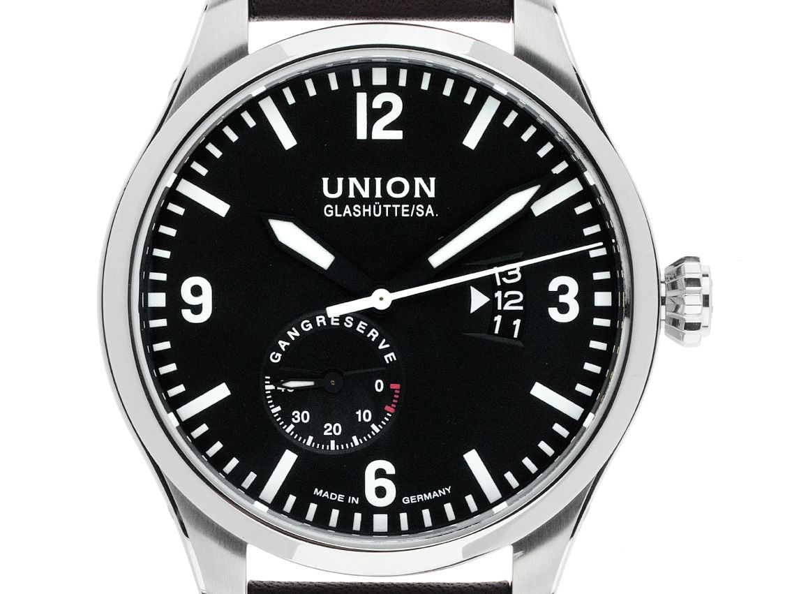 Union Glashütte Belisar Pilot Gangreserve Stahl Automatik Armband Leder 45mm Ref.D002.624A Box&Pap. Full Set Ungetragen