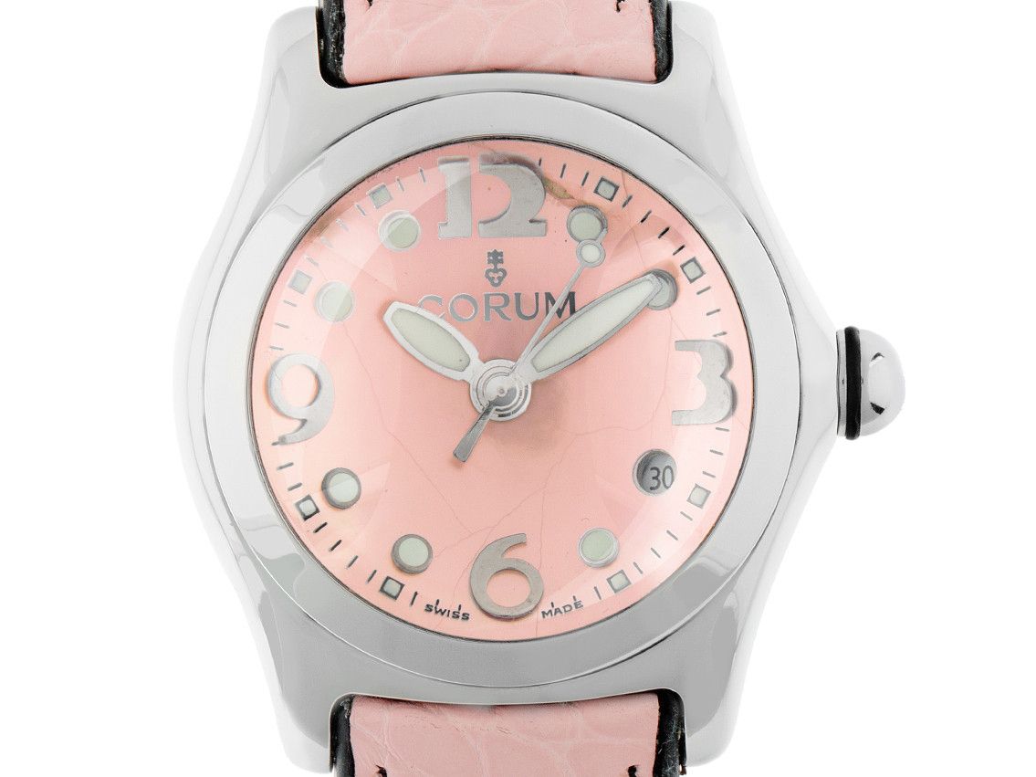 Corum Bubble Date Lady Perlmutt Stahl Quarz Armband Leder Faltschließe 35mm Ref.39.150.20 Vintage Bj.2010 