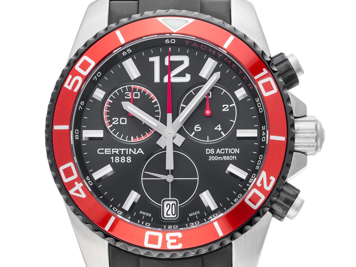 Certina DS Action Stahl PVD Black Quarz Chronograph Armband Kautschuk 42mm Bj.2015 Vintage Box&Pap. wie Neu mit Zertifikat über 650,-€ 