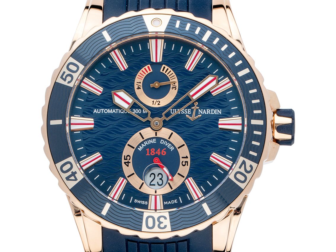 Ulysse Nardin Maxi Marine Diver Gangreserve Roségold Automatik Armband Kautschuk 18kt Roségold Faltschließe 44mm Ref.266-10 Bj.2016 Box&Pap. wie Neu mit Zertifikat über 29.800,-€