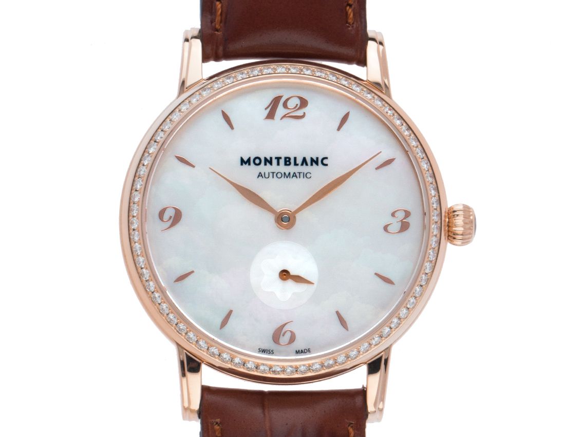 Montblanc Star Classique Lady small Second 18kt Roségold Diamanten Perlmutt Automatik Armband Leder 34mm Ref.7240 Vintage Bj.2010 wie Neu mit Zertifikat über 9.900,-€