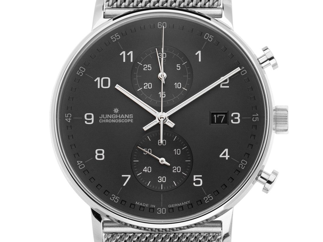 Junghans Form C Stahl Quarz Chronograph Armband Stahl 40mm Ref.041/4877.44 Box&Pap. Full Set Ungetragen