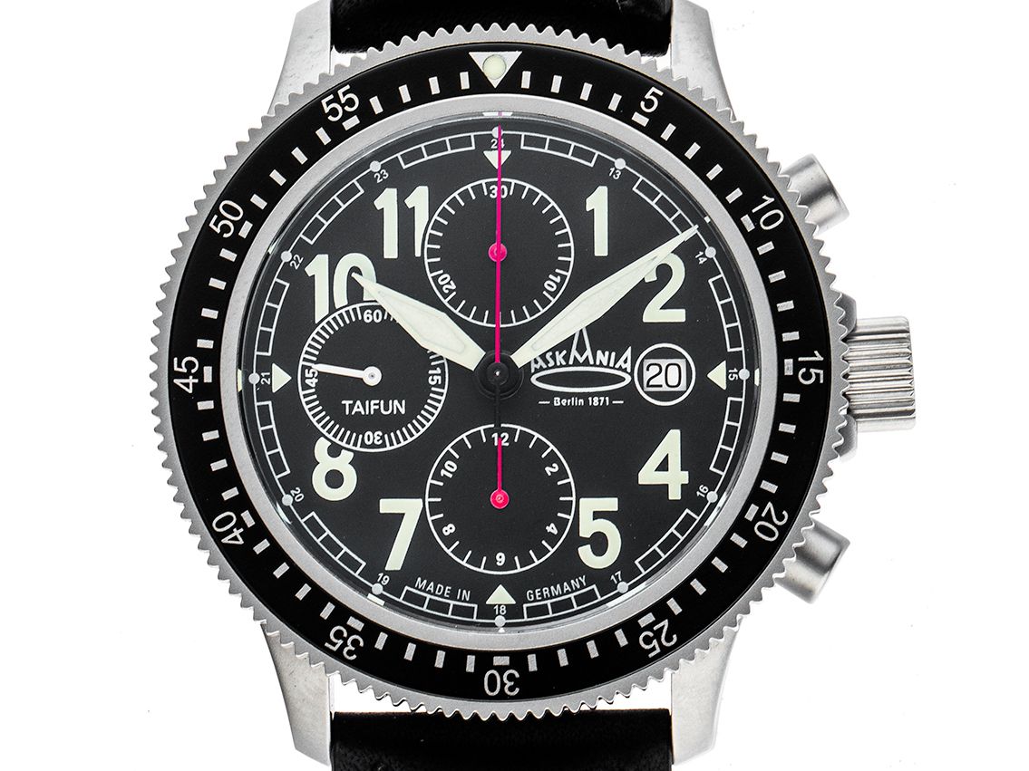 Askania Taifun Stahl Automatik Chronograph Armband Leder 42mm Ref.TAI-5711 Box&Pap Full Set Neu mit Zertifikat über 3.595,-€