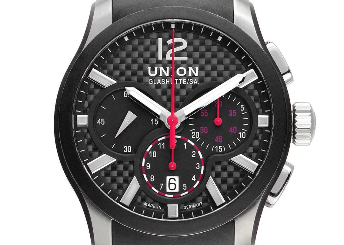 Union Glashütte Belisar Stahl PVD Automatik Chronograph Armband Kautschuk 43mm Box&Pap. Full Set wie Neu mit Zertifikat über 2.800,-€
