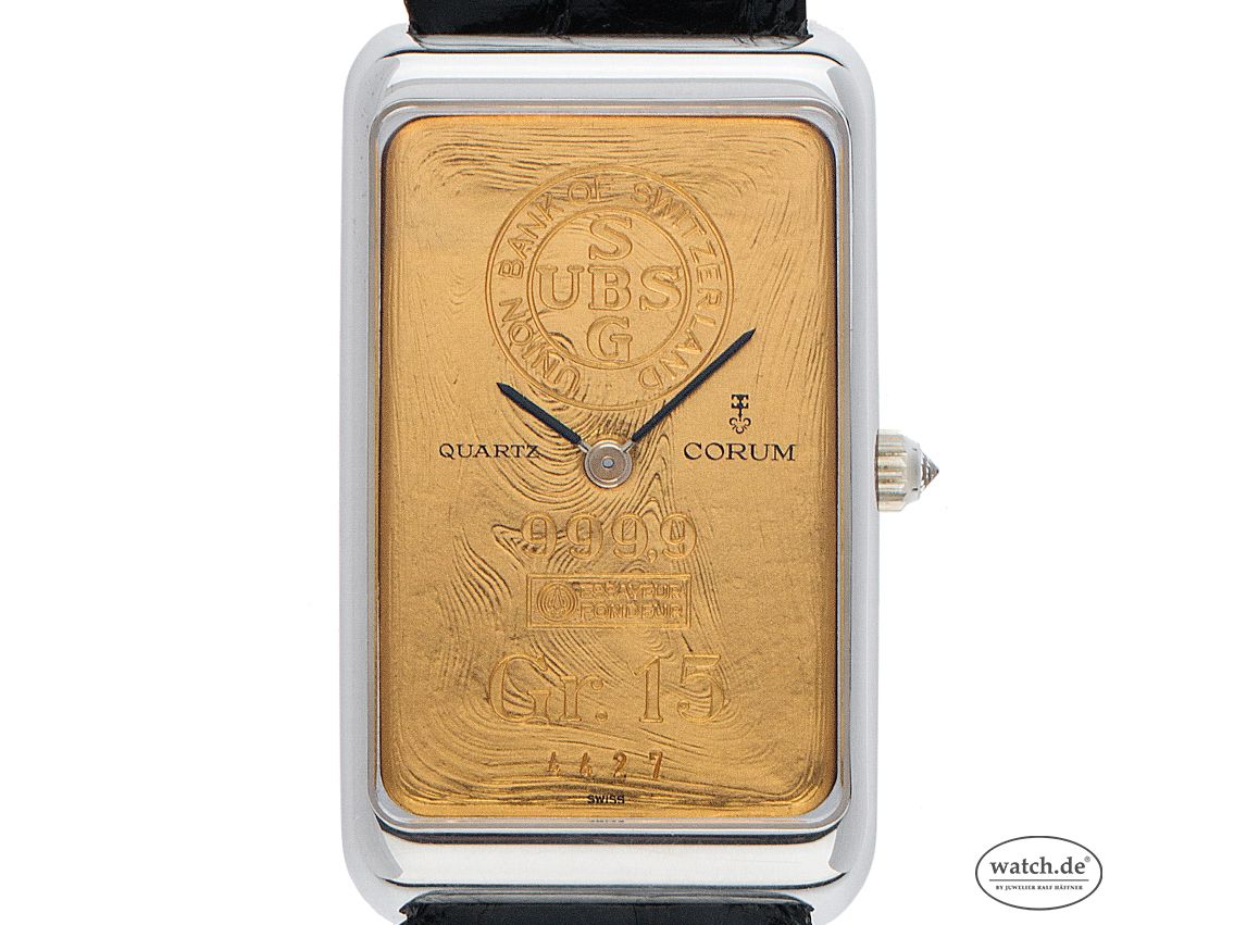 Corum Goldbarren 15g 999 Feingold 18kt Weißgold Diamant Quarz Armband Leder 41x24mm Ref.44400 Vintage Bj.1989 wie Neu mit Zertifikat über 11.000,-€