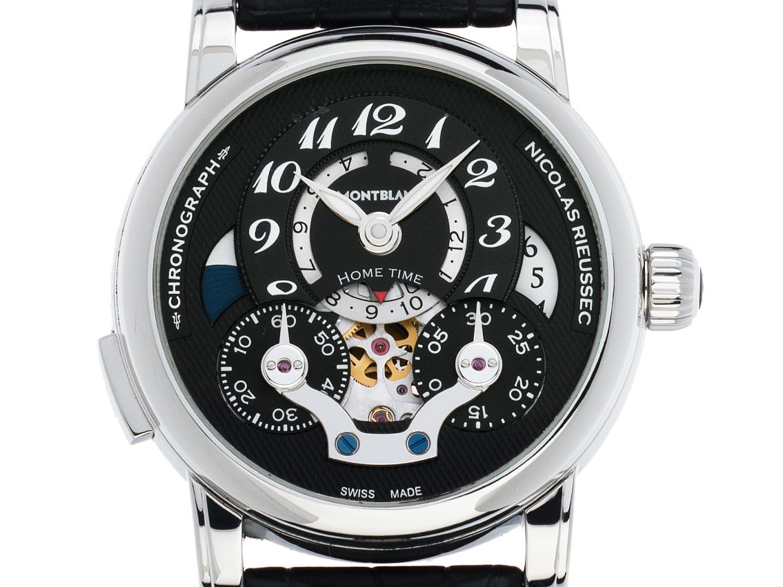 Montblanc Nicolas Rieussec open Hometime Stahl Automatik Säulenrad Chronograph Armband Leder Faltschließe 43mm Ref.107070 Vintage Bj.2014 Box&Pap. Full Set mit Zertifikat über 10.890,-€