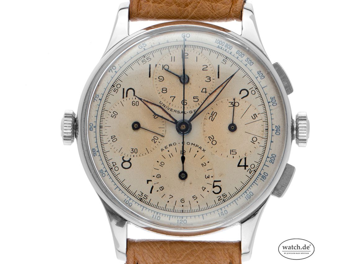 Universal Geneve Aero Compax Stahl Handaufzug Chronograph Armband Leder 36mm Ref.22477 Vintage Bj.1956 mit Zertifikat über 12.800,-€