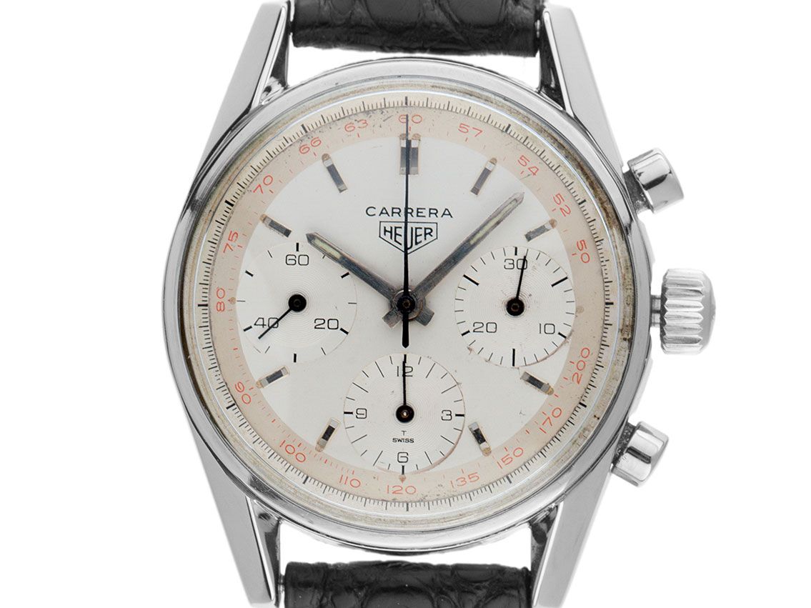 Heuer Carrera Red Tachy Stahl Handaufzug Chronograph Armband Leder 36mm Ref.2447T Vintage Bj.1967 wie Neu mit Zertifikat über 13.000,-€ 