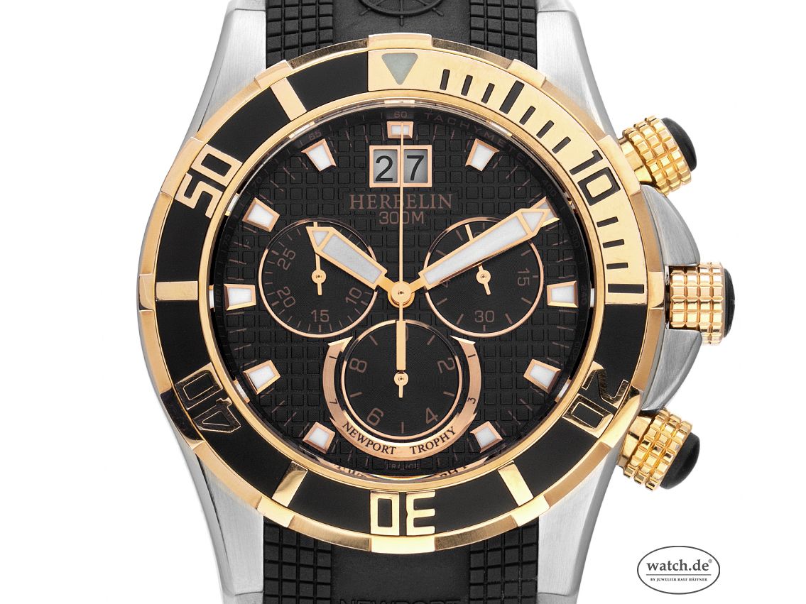 Michel Herbelin Newport Trophy Grand Sport Stahl Gelbgold Quarz Armband Kautschuk Faltschließe 44mm Ref.36690/CTR14 Bj.2017 mit Zertifikat über 999,-€