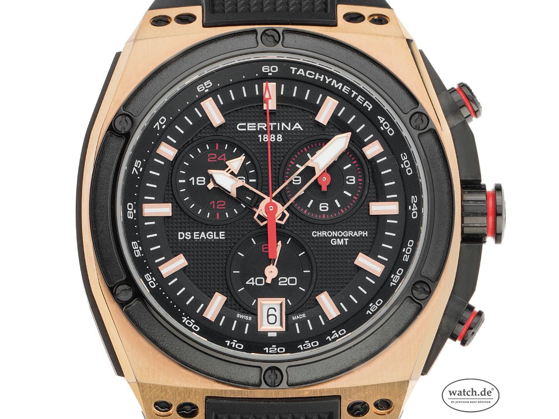 Certina DS Eagle GMT Stahl PVD Roségold Quarz Chronograph Armband Kautschuk 52x46mm Bj.2015 Box&Pap. Full Set Ungetragen mit Zertifikat über 1.500,-€ 
