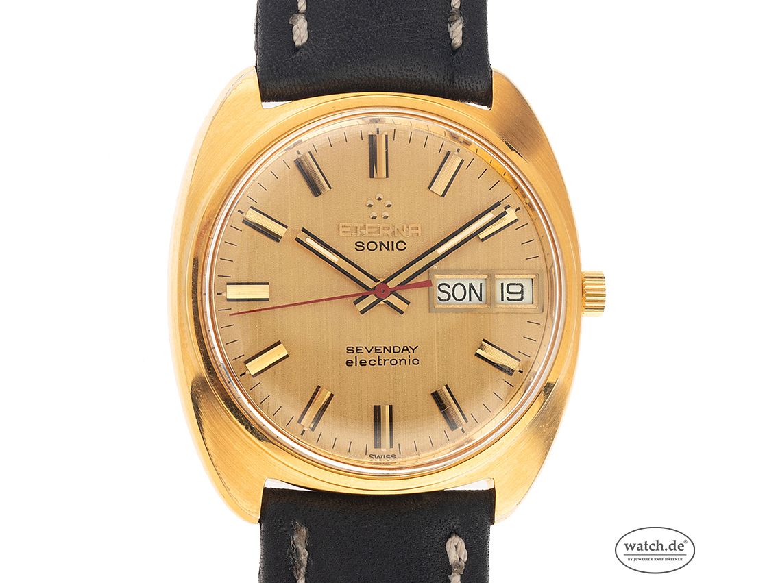 Eterna Sonic Sevenday Electronic Day Date Stahl vergoldet Quarz Stimmgabel Armband Leder 39x35mm Vintage Bj.1974 mit Zertifikat über 1.500,-€