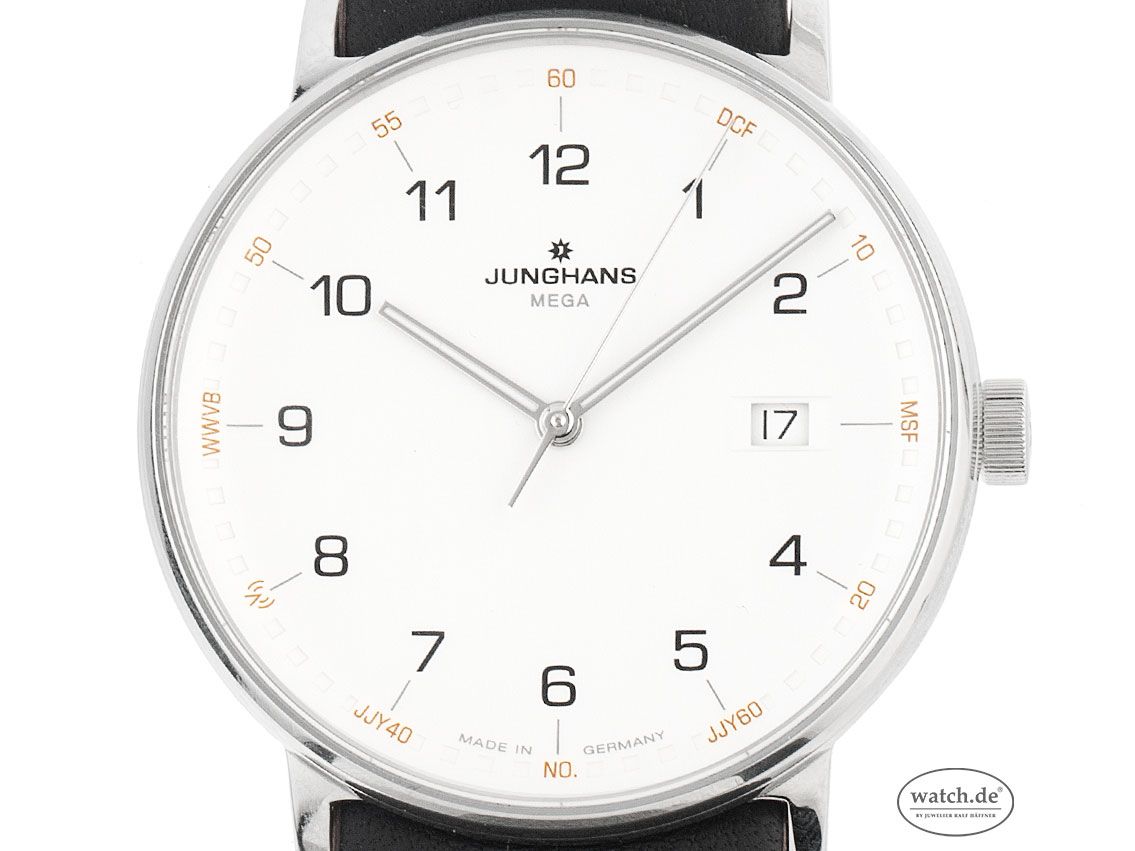 Junghans Form Mega Funkuhr Stahl Quarz Armband Leder 39mm Ref.058/4931.00 Box&Pap. Full Set Ungetragen mit Zertifikat über 800,-€