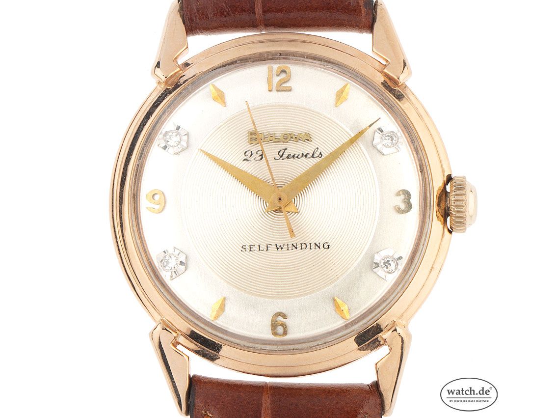 Bulova Gelbgold Diamanten Automatik Armband Leder 34mm Vintage Bj.1968 Box&Pap. mit Zertifikat über 2.900,-€