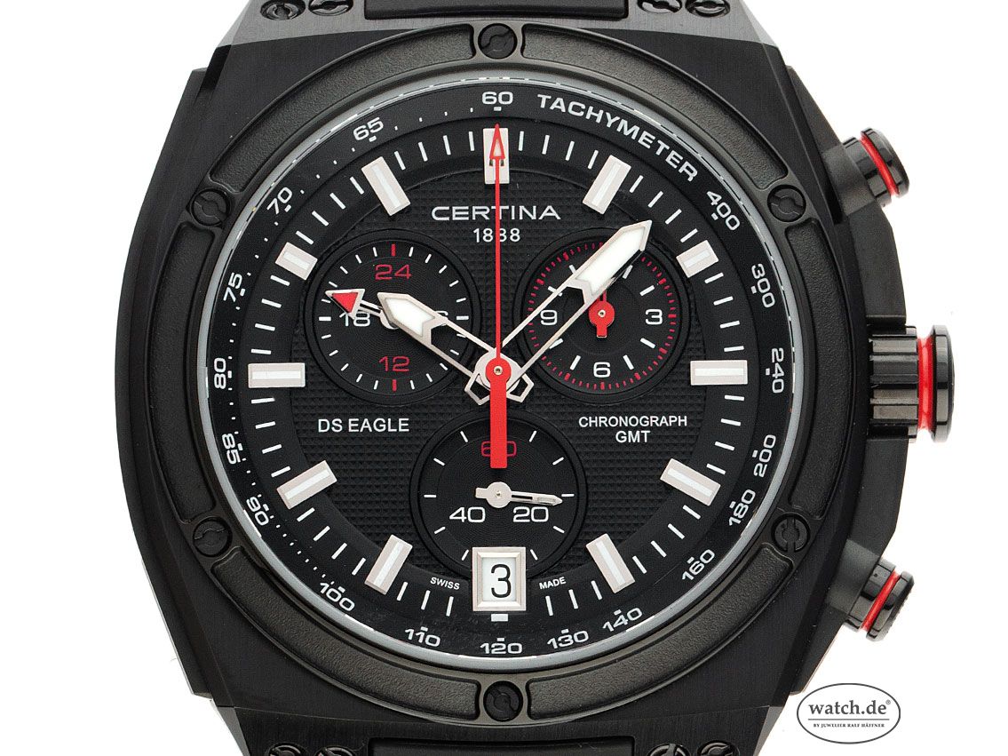 Certina DS Eagle GMT Stahl PVD Black Quarz Chronograph Armband Kautschuk 52x46mm Bj.2018 Box&Pap. Full Set Ungetragen mit Zertifikat über 1.150,-€ 
