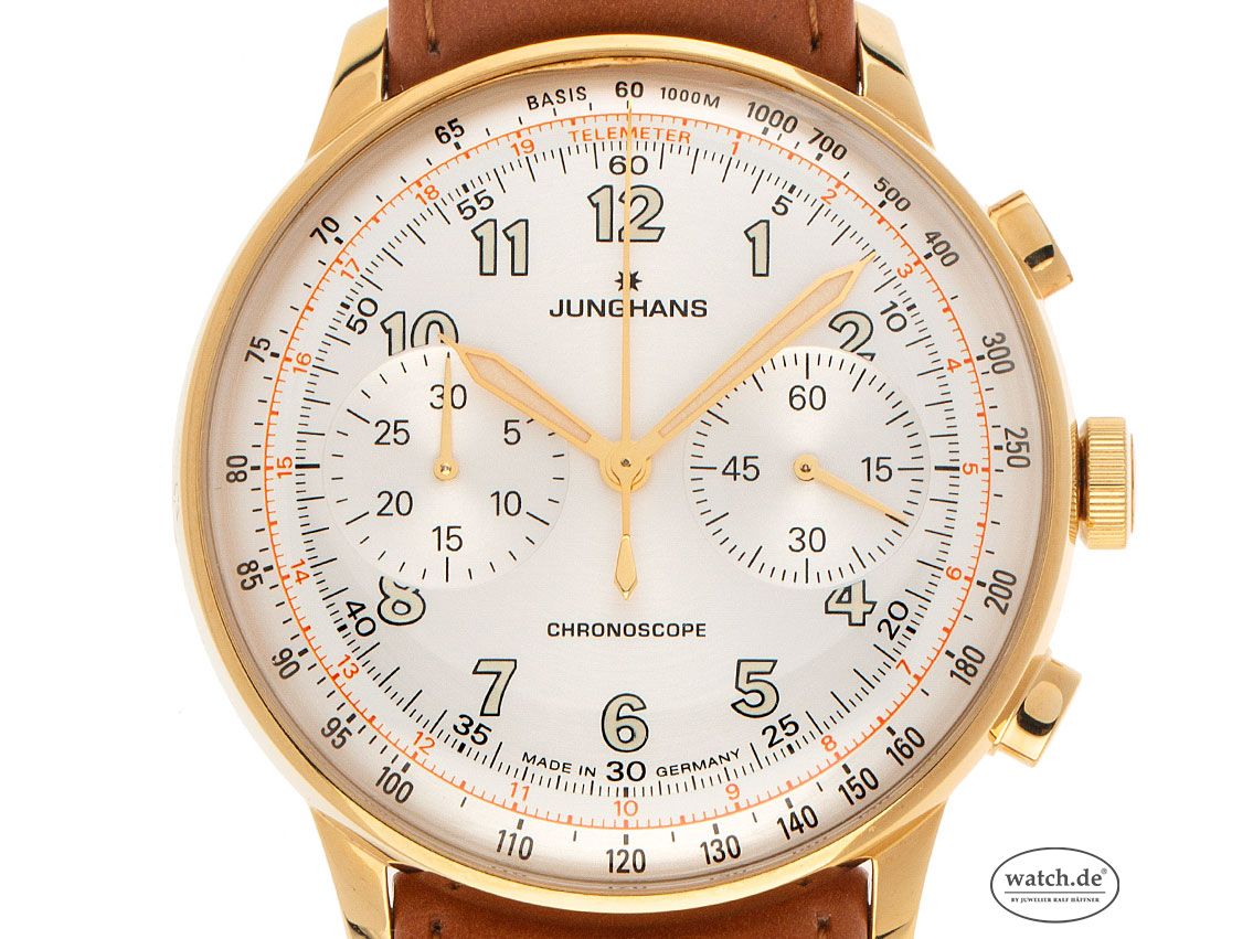 Junghans Meister Telemeter Chronoscope Gelbgold Automatik Chronograph Armband Leder 41mm Ref.027/5380.00  Box&Pap. Full Set Ungetragen mit Zertifikat über 2.100,-€