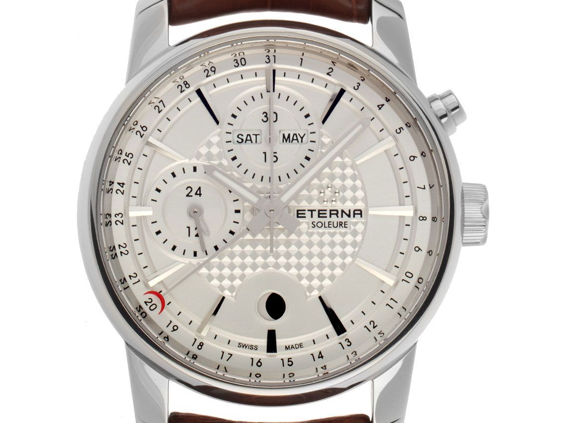 Eterna Soleure Vollkalender Mondphase Stahl Automatik Chronograph Armband Leder Faltschließe 42mm Bj.2018 BoxPap. Full Set wie Neu