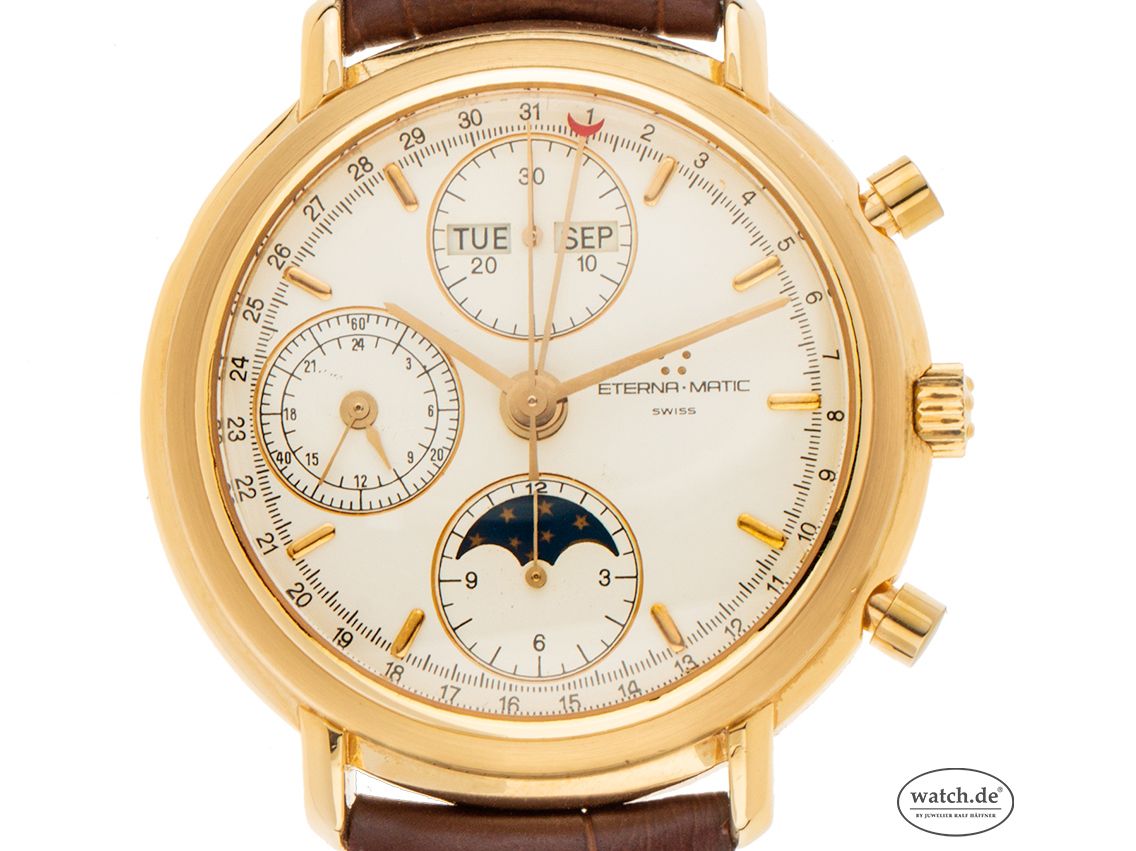 Eterna Les Historiques 18kt Gelbgold Automatik Chronograph Vollkalender Mondphasen Armband Leder 37mm Ref.8515.6910 Vintage Bj.1982 wie Neu mit Zertifikat über 7.900,-€
