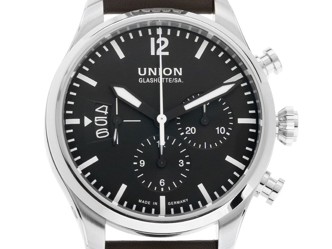 Union Glashütte Belisar Pilot Stahl Automatik Chronograph Armband Leder 44mm Box&Pap. Full Set Ungetragen