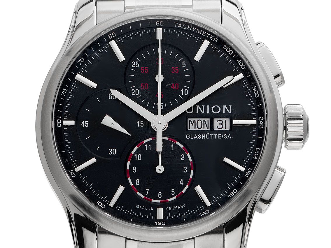 Union Glashütte Viro Day Date Stahl Automatik Chronograph Armband Stahl 43mm Bj.2011 Box&Pap. Full Set wie Neu mit Zertifikat über 1980,-€