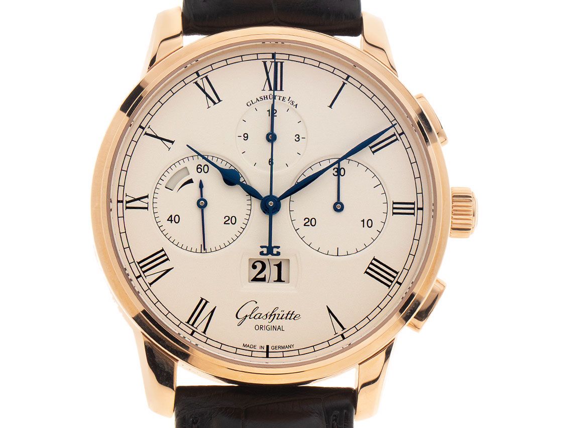 Glashütte Original Senator Chronograph Panoramadatum Roségold Automatik Armband Leder 42mm Bj.2021 Box&Pap. Full Set Ungetragen