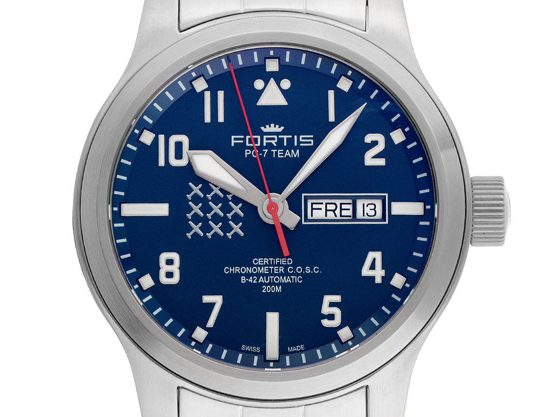 Fortis Aeromaster PC-7 Team Edition Day-Date Stahl Automatik Armband Stahl 42mm Limitiert Ref.F4020010 Box&Pap. Full Set Neu