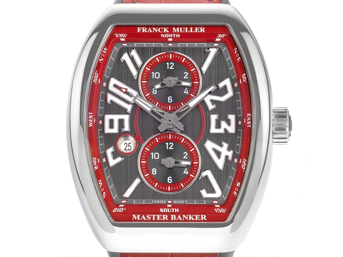 Franck Muller Vanguard Master Banker 3-Zeitzonen Stahl Automatik Armband Leder Kautschuk Faltschließe 54x44mm Box&Pap. Full Set Neu
