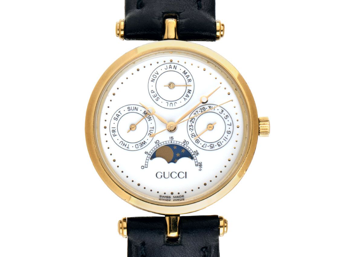Gucci Black Moon Gelbgold Quarz Vollkalender Mondphase Armband Leder 30mm Ref.8515.6910 Vintage Bj.1993