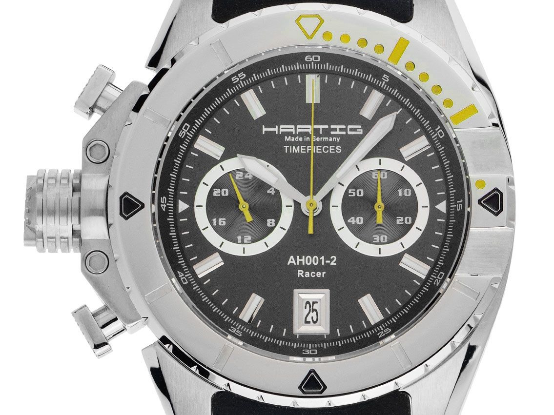 Hartig Timepieces AH001-2 Racer Yellow GMT Stahl Quarz Chronograph Armband Kautschuk 45mm Ref.AH001-2 Yellow Box&Pap. Full Set Neu