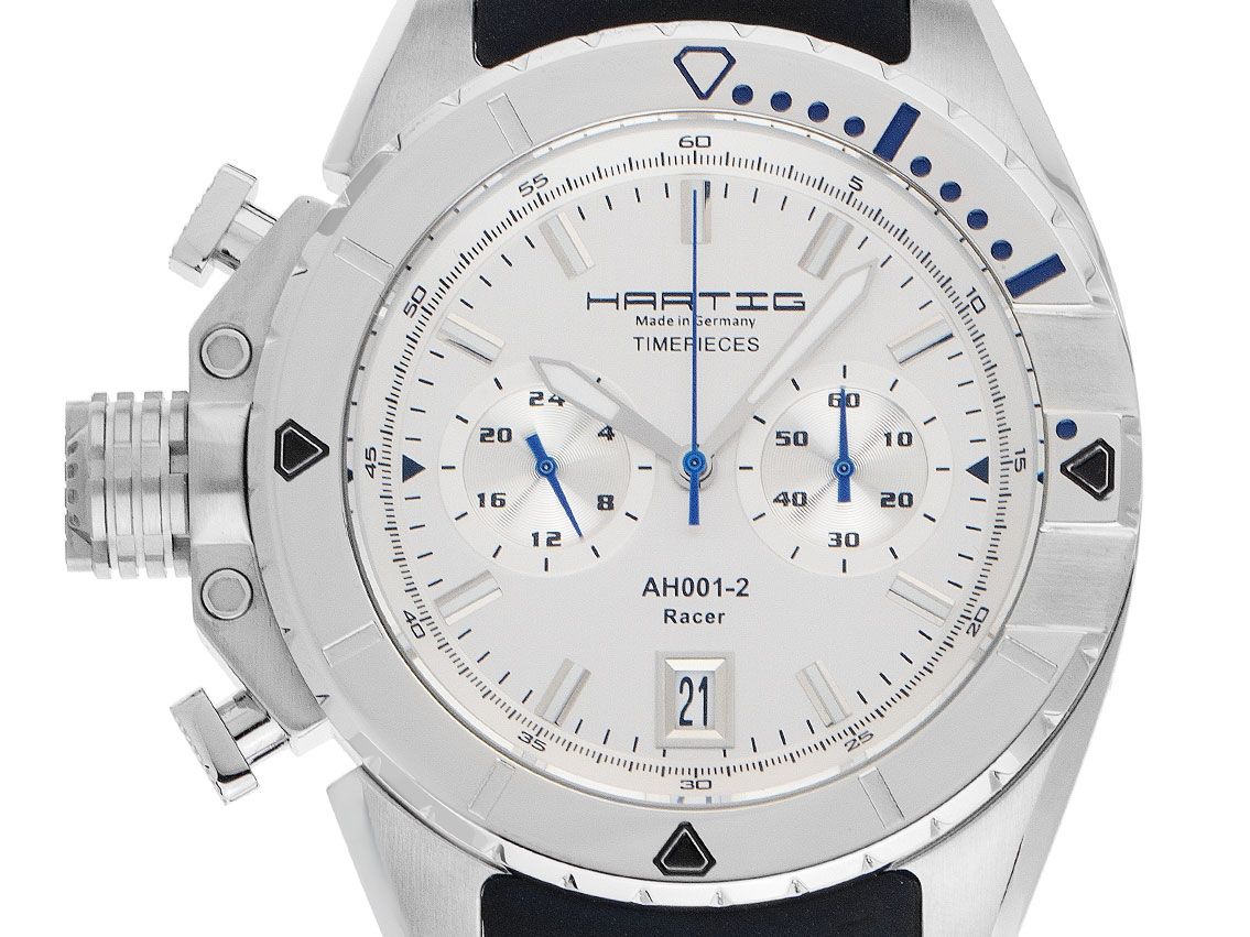 Hartig Timepieces AH001-2 SE Racer Grey Blue GMT Stahl Quarz Chronograph Armband Kautschuk 45mm Ref.AH001-2 SE Box&Pap. Full Set Neu