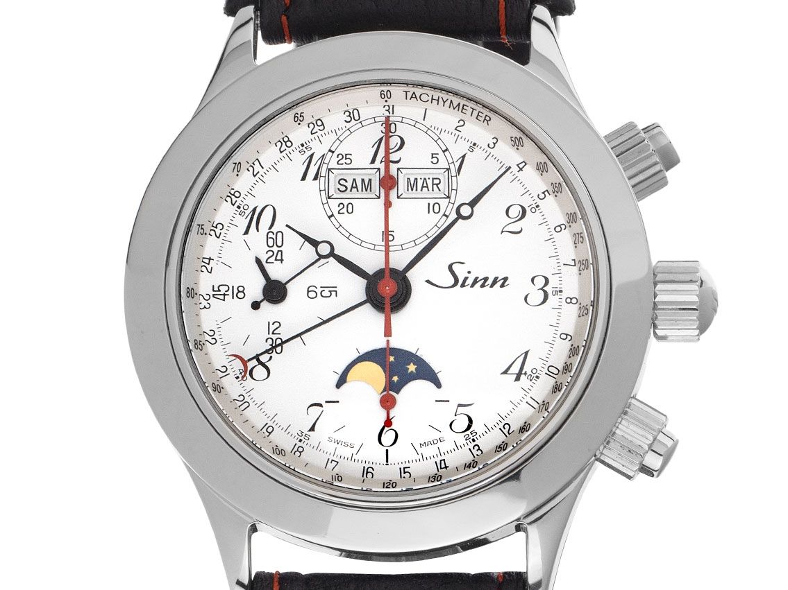 Sinn 6026 Vollkalender Stahl Automatik Chronograph Mondphase Armband Leder Faltschließe 39mm Ref.6026.010 Vintage Bj.1998 Box&Beschreibung wie Neu