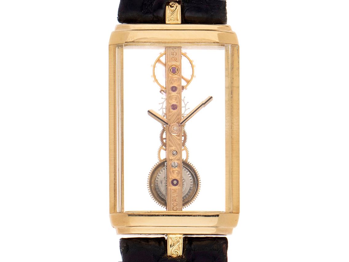 Corum Golden Bridge 18kt Gelbgold Handaufzug Stabwerk Armband Leder 32x20mm Ref.1315056 Vintage Bj.1989 Box&Pap. Full Set