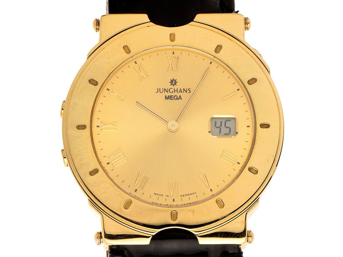 Junghans Mega Edition 18kt Gelbgold Quarz Armband Leder 35mm Vintage Bj.1994 Box&Pap. Full Set 