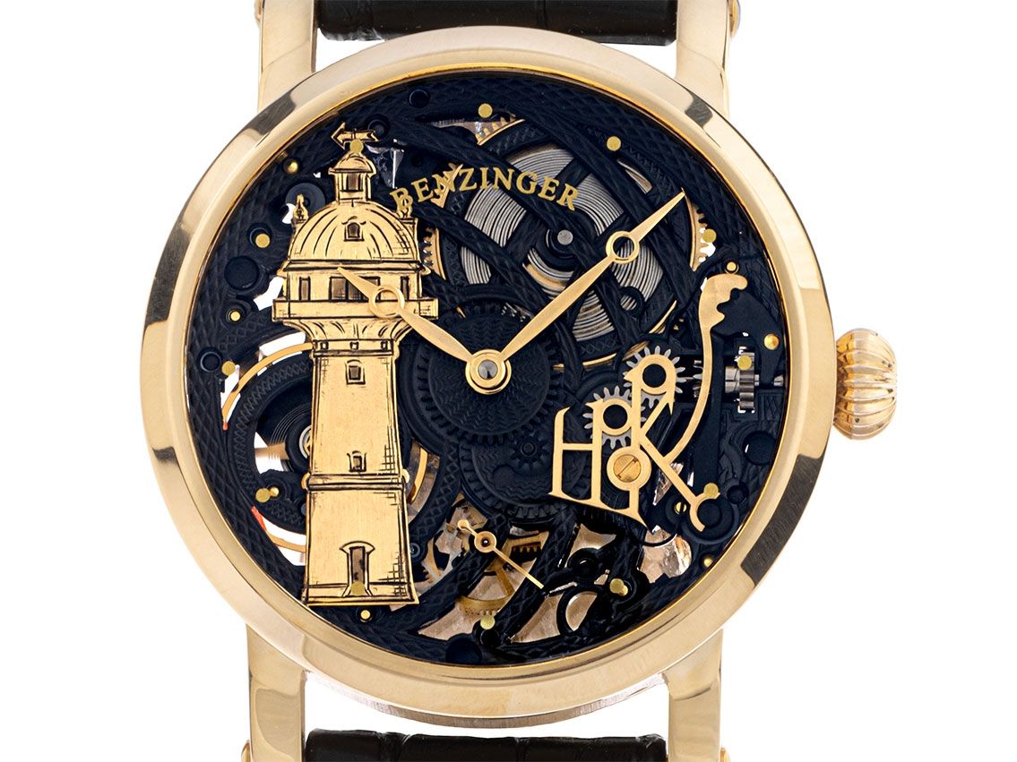 Benzinger Wasserturm Unikat 18kt Gelbgold Handaufzug Armband Leder 42mm Limitiert Vintage Bj.2011 Box&Pap. Full Set wie Neu Handarbeit