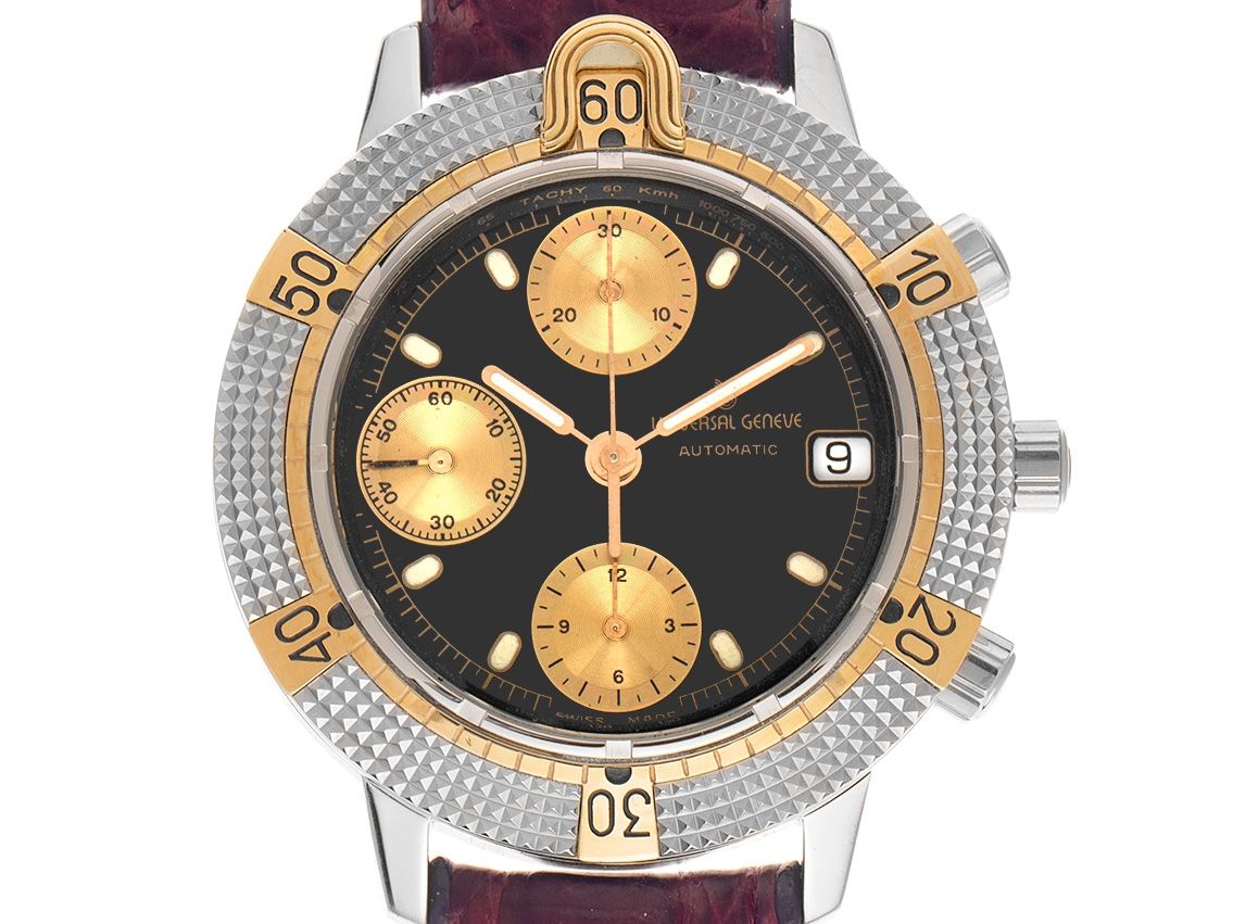 Universal Geneve Tri-Compax Stahl 18kt Gelbgold Automatik Chronograph Armband Krokoleder 39mm Ref.104.41.980 Vintage Bj.1989 orig.Box