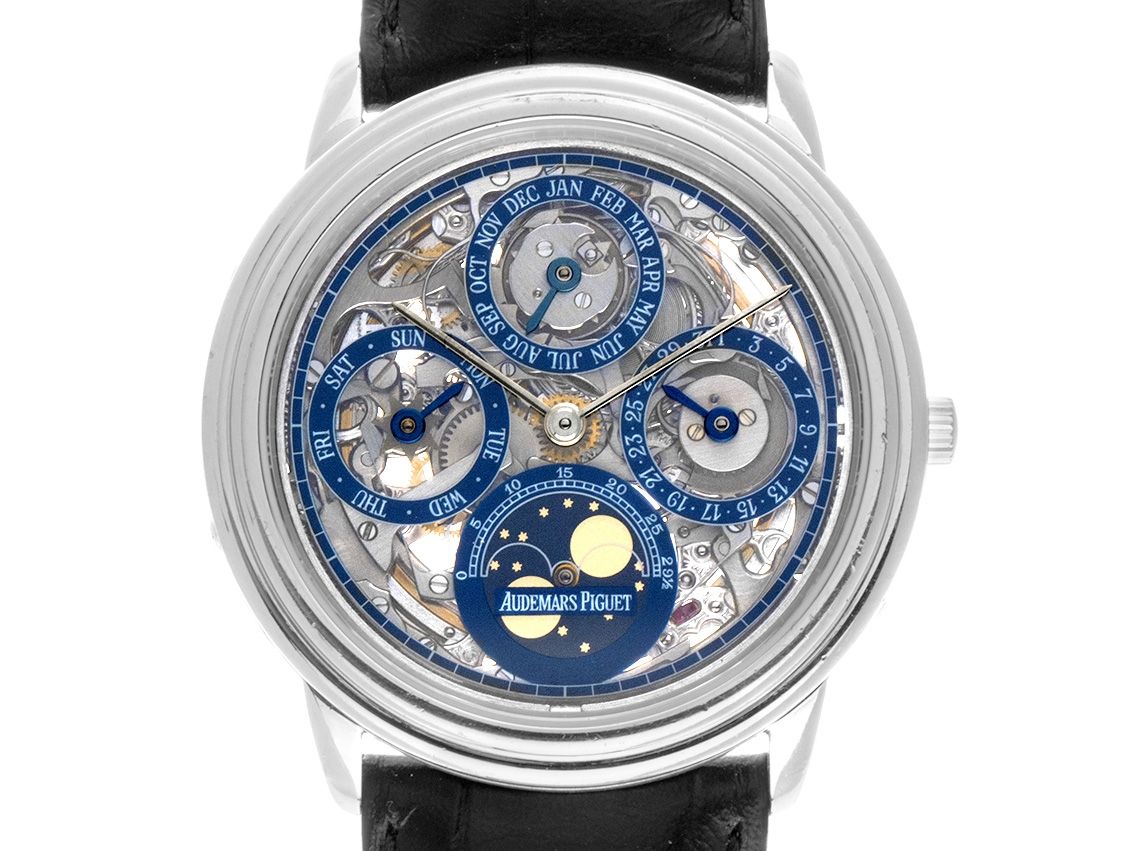 Audemars Piguet Quantième Perpetual Skeletton 950 Platin Automatik Mondphase Armband Leder 36mm Vintage Bj.1995 Box&Pap. Full Set wie Neu