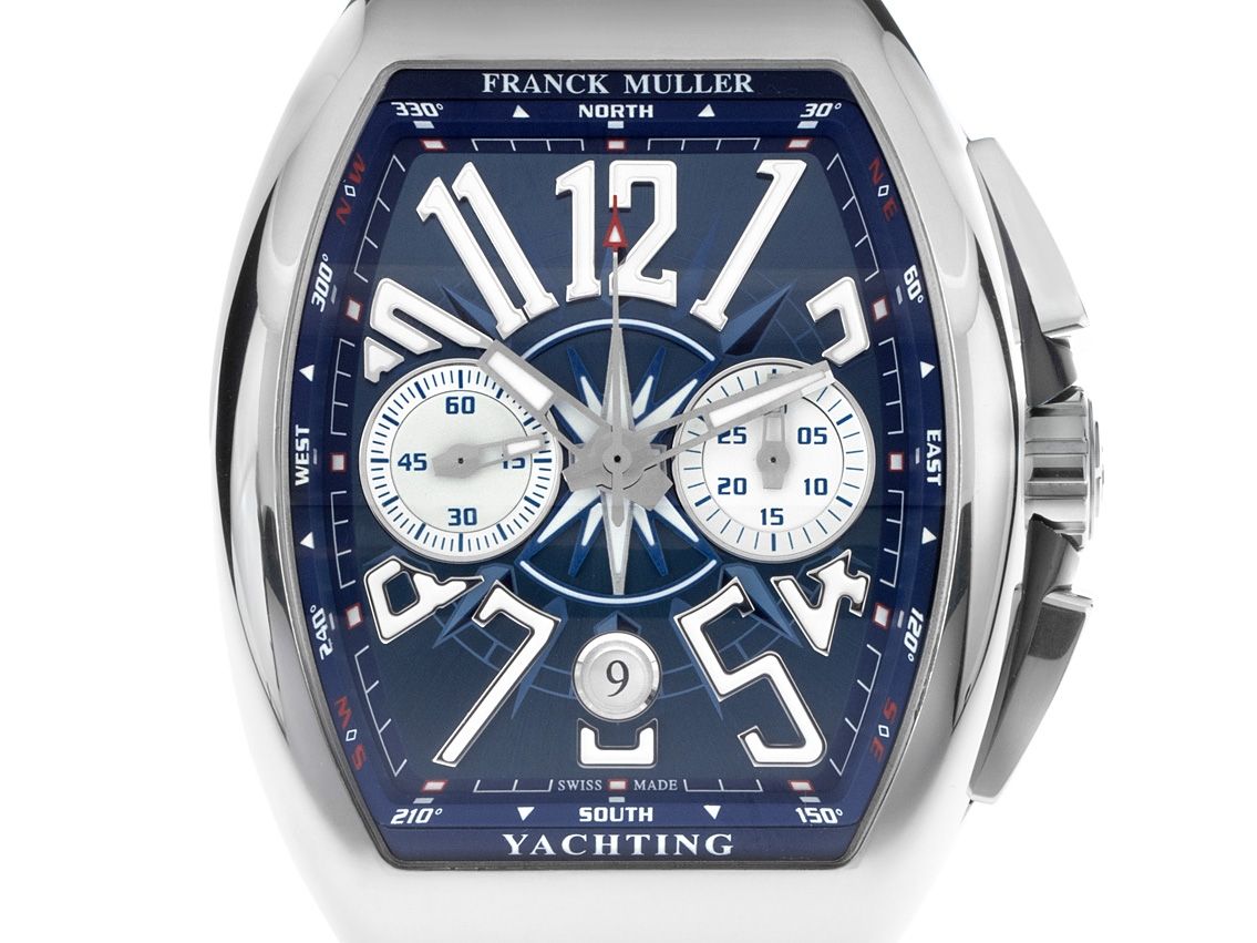 Franck Muller Vanguard Yachting Stahl Automatik Chronograph Armband Krokoleder Kautschuk Faltschließe 54x45mm Ref.V 45 CC DT YACHT (BL) Bj.2020 Box&Pap. Full Set wie Neu