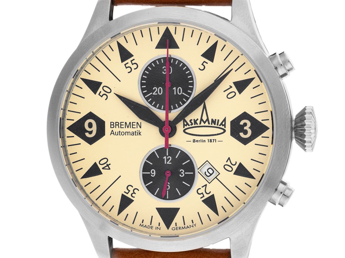 Askania Bremen Stahl Automatik Armband Leder 43mm Ref.BRE-4401 Box&Pap. Full Set Neu