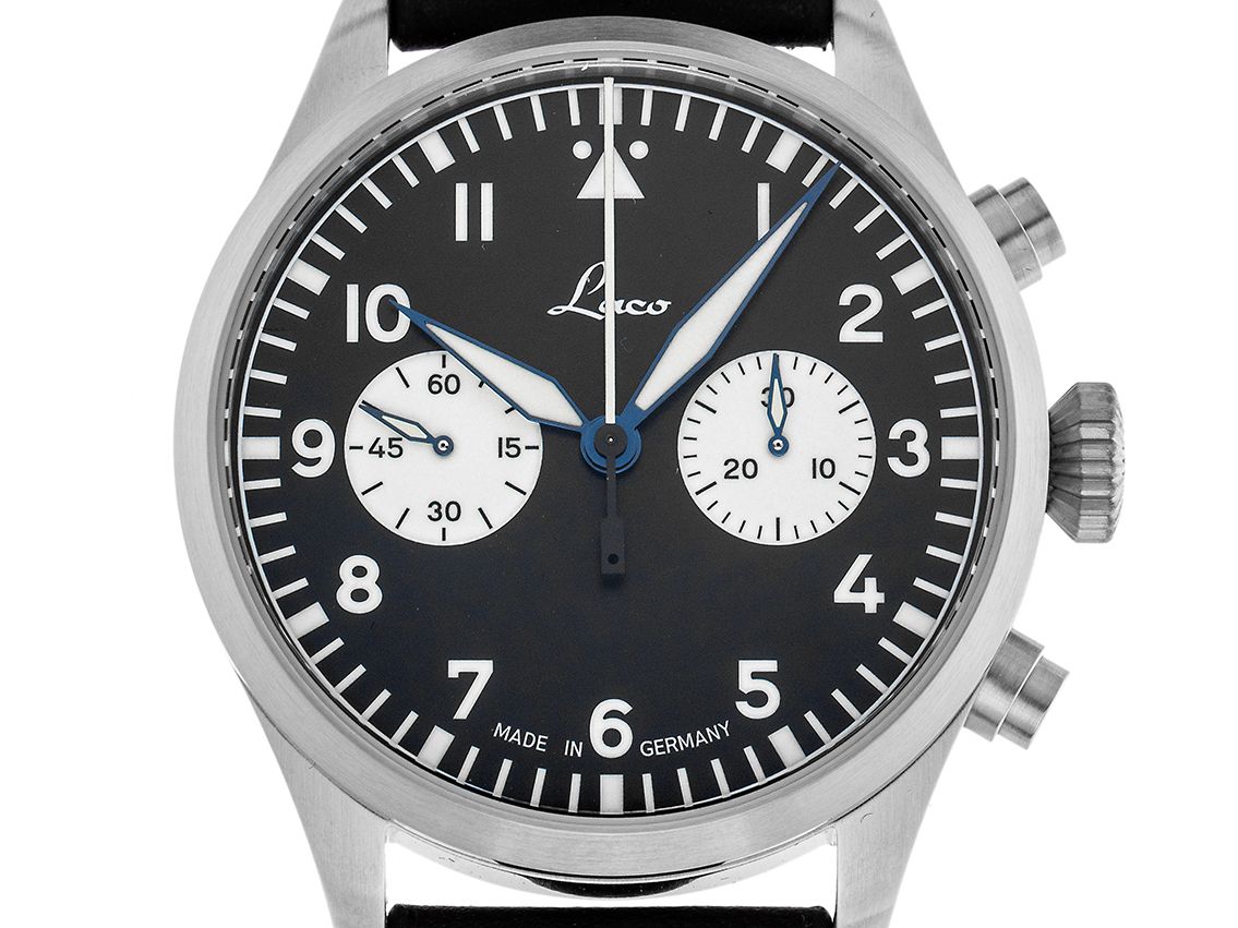 Laco Flieger Edition 98 Stahl Automatik Chronograph Armband Leder Limitiert 43mm Ref.862166 Box&Pap. Full Set Neu