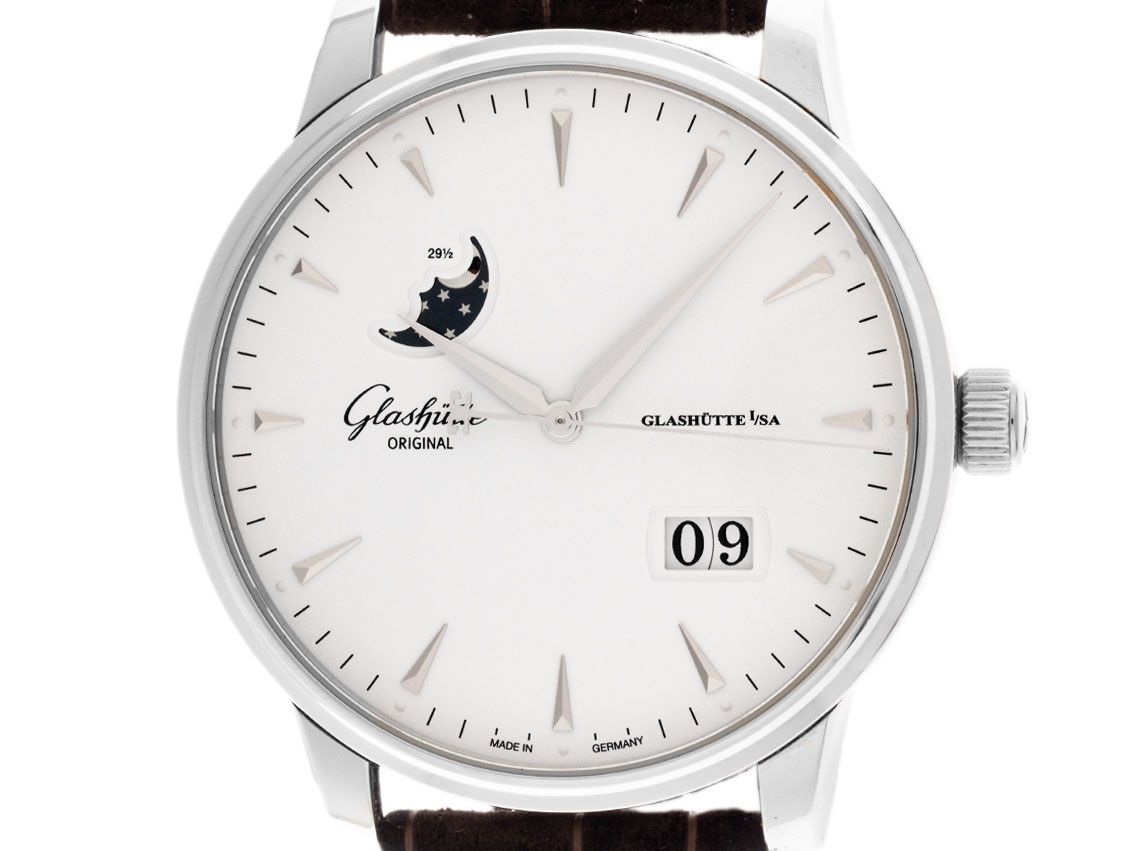 Glashütte Original Senator Excellence Panoramadatum Mondphase Stahl Automatik Armband Leder Faltschließe 42mm Ref.1-36-04-05-02-31Bj. 2021 Box&Pap. Full Set wie Neu