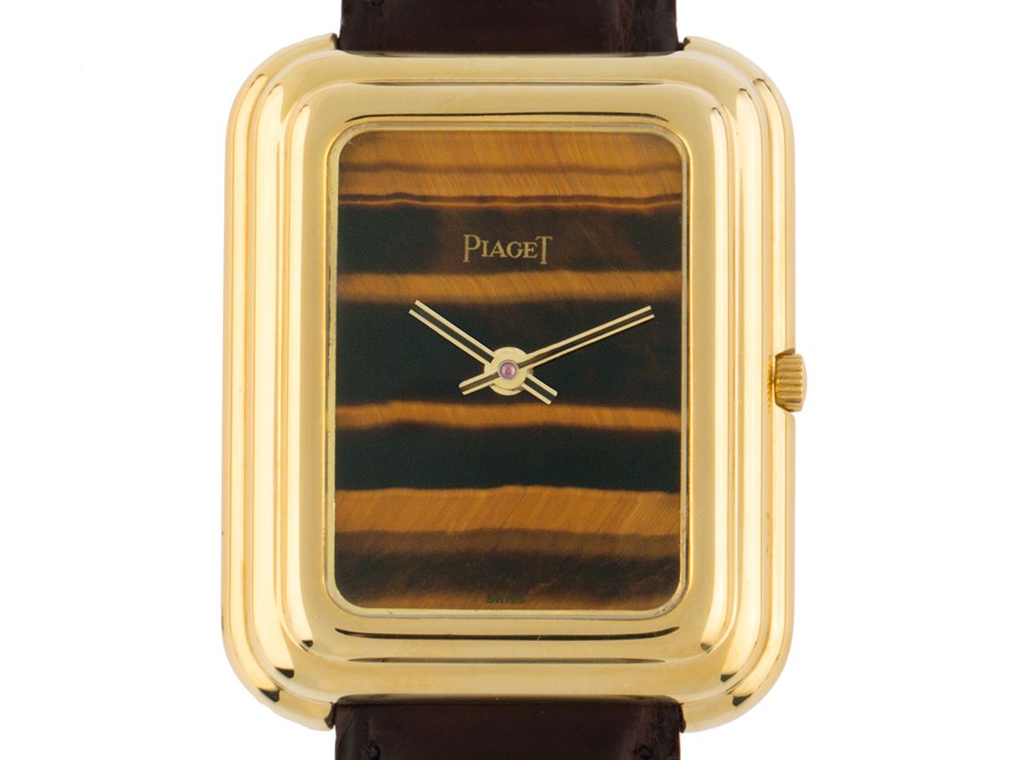Piaget Beta Tiger Eye 18kt Gelbgold Quarz Armband Leder 41x33mm 84g Ref.14101 Vintage Bj.1970 Box&Pap. wie Neu mit Zertifikat über 26.000,-€
