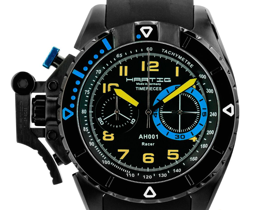 Hartig Timepieces Racer Blue Schaltradchronograph Stahl schwarz Handaufzug Armband Kautschuk 45mm Neu mit Zertifikat über 499,-€