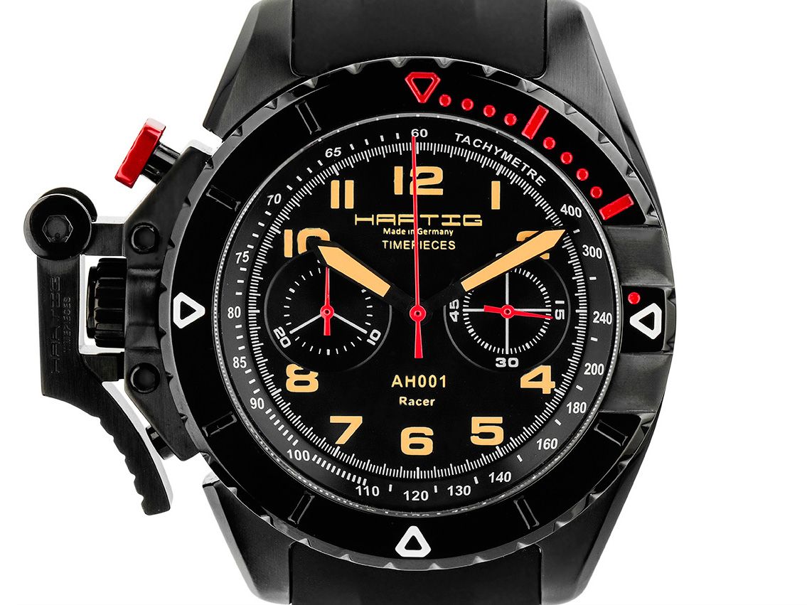 Hartig Timepieces Racer Red Schaltradchronograph Stahl schwarz Handaufzug Armband Kautschuk 45mm UVP 499,- Neu