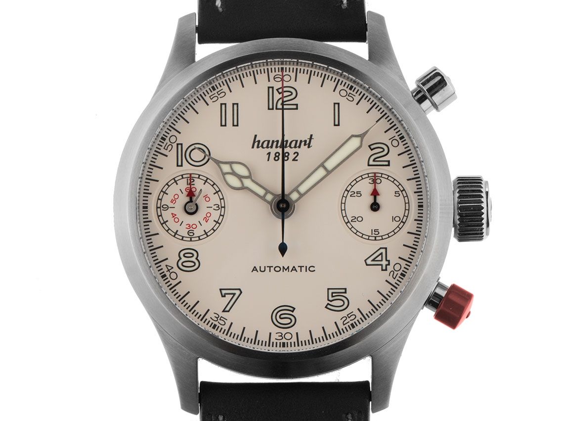 Hanhart Pioneer Twin Dicator Chronograph Stahl Automatik Armband Leder 45mm Ref.730.200 Bj.2015 Ungetragen mit Zertifikat über 2.750,-€