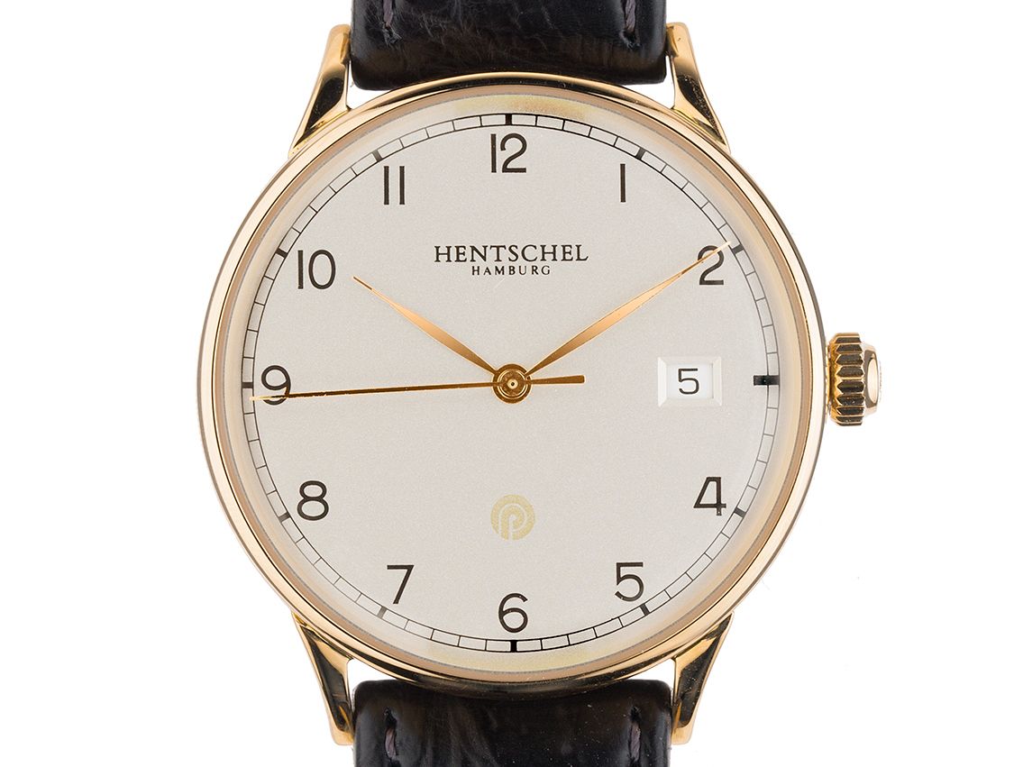 Hentschel HAU Date 18kt Gelbgold Automatik Armband Leder 36mm orig.Box wie Neu mit Zertifikat über 4.800,-€