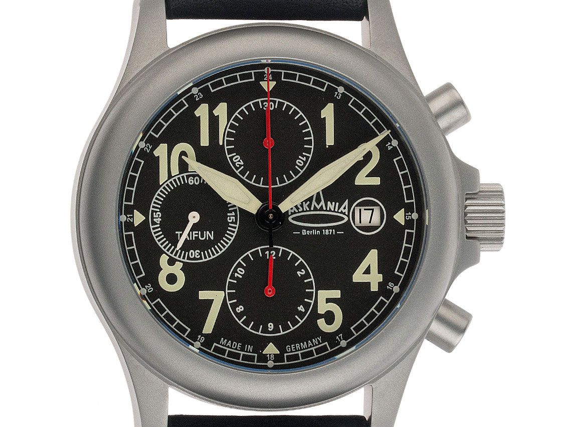 Askania Taifun Stahl Automatik Chronograph Armband Leder 42mm Ref.TAI-5702 Box&Pap Full Set Neu