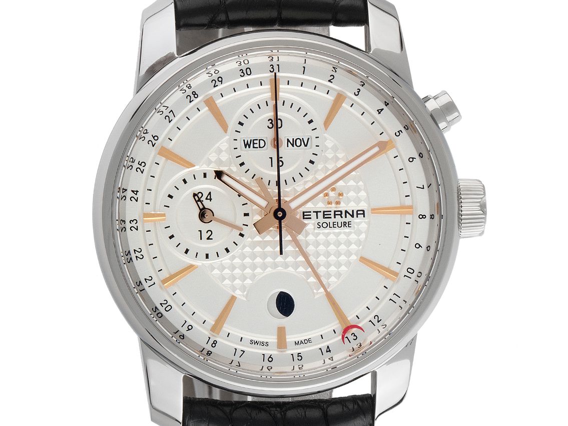 Eterna Soleure Stahl Automatik Chronograph Vollkalender Mondphase 42mm  BoxPap. Full Set Ungetragen