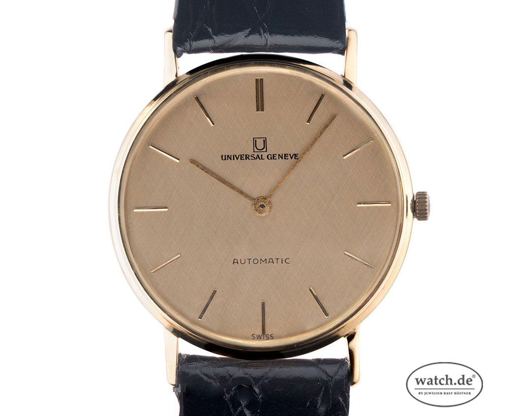 Universal Geneve Ultraflach 5mm Gelbgold Automatik Armband Leder 34mm Ref.166101 Vintage Bj.1972 Box&Pap. wie Neu mit Zertifikat über 5.900,-€
